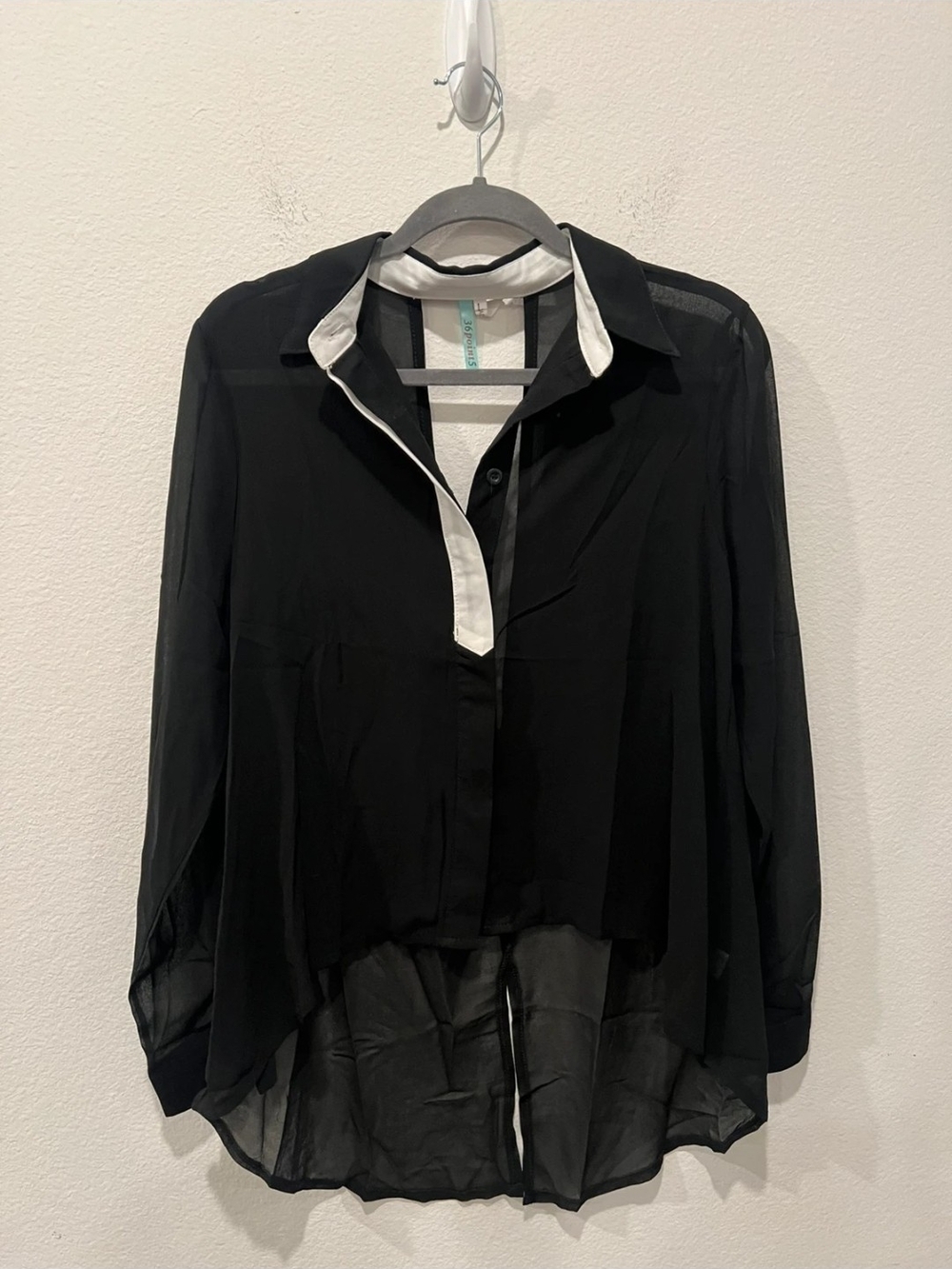 Black Sheer Button-Down Blouse with White Trim